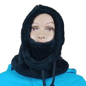 Unisex Ski Mask Balaclava Winter Hat Faux Fur Hooded Scarf W/ Drawstrings Black